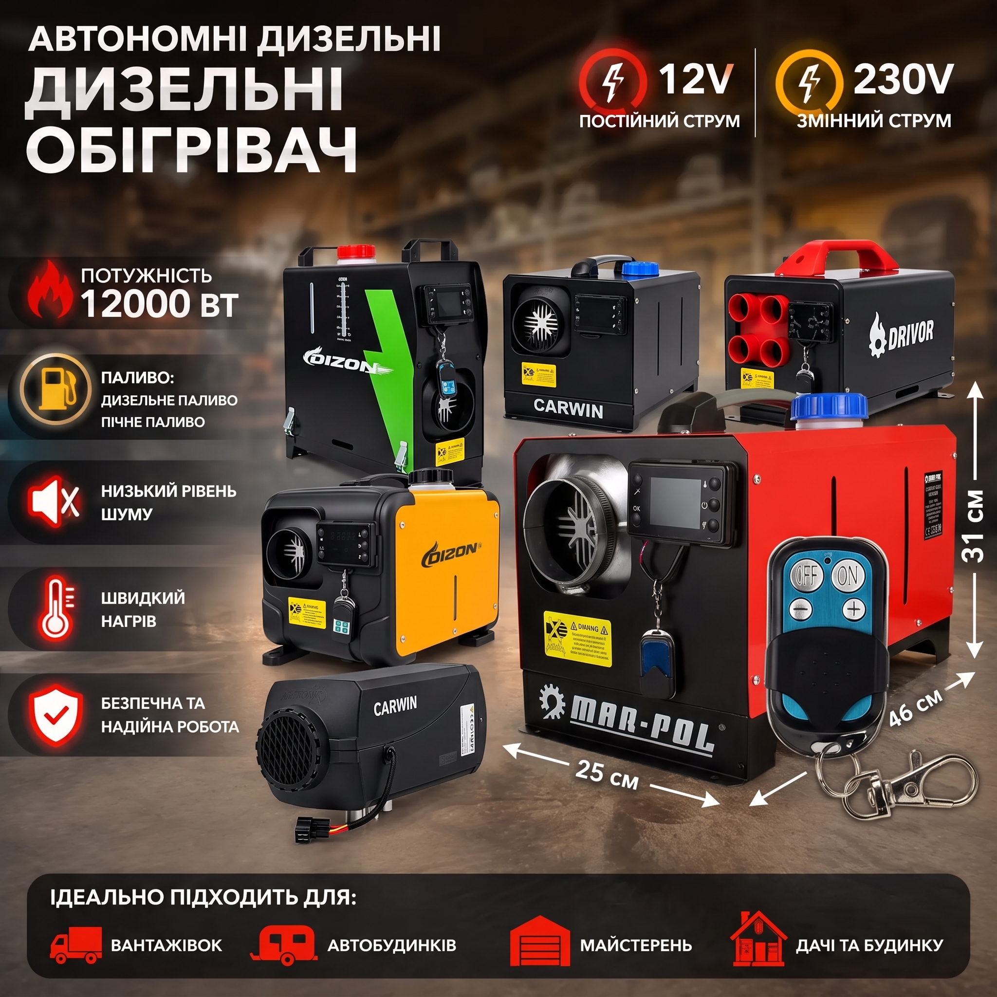 Автономні дизельні обігрівачі CARWIN, DRIVOR, DIZON 9 кВт